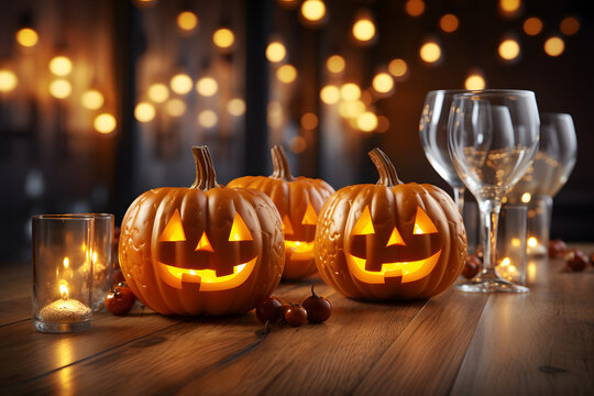 halloween, scaring, spooky and haunted  jack o lantern pumpkins with wine glass and glass candles on a wooden table