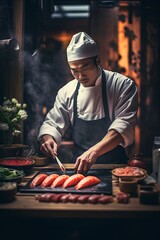 japanese chef cooking and making sushi