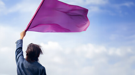 A female protestor purple flag, feminist movement empowerment. Generative AI.