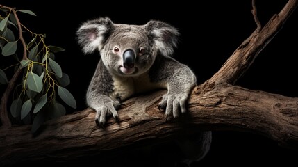 koala perched on the branch of tree with black colored background.