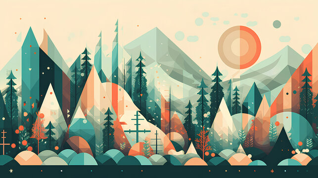 Illustration of winter landscape with mountains and spruces. Teal and orange colors, flat retro style