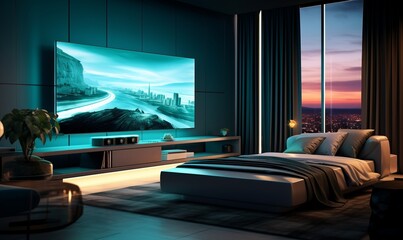 Modern Bedroom with 3D Television and Cozy Ambiance