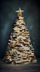 Cristmas tree made of books.  Art installations. Minimalims