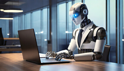 robot working with laptop computer in modern office.