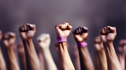 Among the protestors, women lifts raised fists, feminist crusade. Generative AI - obrazy, fototapety, plakaty