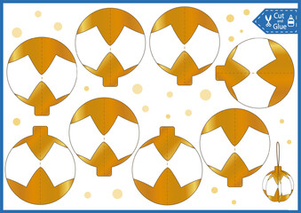 Kids craft template Christmas ornament ball. DIY papercraft cut and glue gold paper decoration. Education activity printable page.