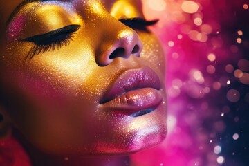 The glimmering gold paint adorned her face like liquid metal, her lips painted with a daring red and her lashes fluttering with confidence as she embraced her bold and untamed spirit