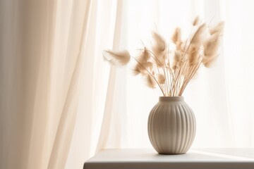 Minimalist table setting with dried flower arrangement and elegant curtain backdrop