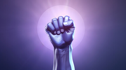 Woman raises purple hand high, feminist protest for equal rights. Generative AI.