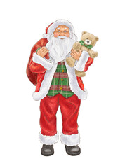 Watercolor Santa Claus with toy bear and presents, Christmas card