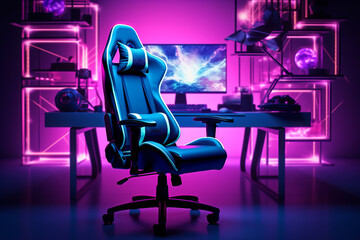 Neon Lit Gaming Chair in a Cozy Room with Futuristic Vibes, Copy Space