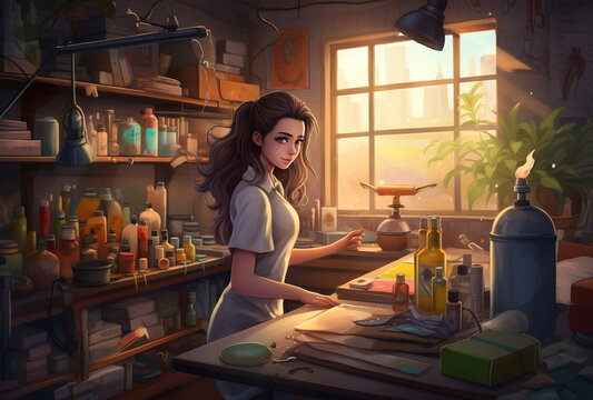 Cartoon art, girl in the workshop