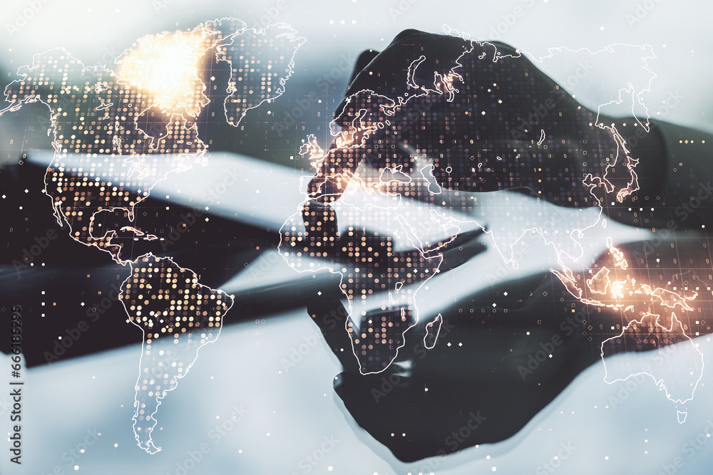 Wall mural double exposure of abstract digital world map and finger clicks on a digital tablet on background, r