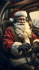 Fototapeta premium Santa Claus like pilot in the airplane with a lot of gifts. Cristmas atmosfere.