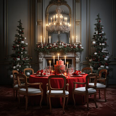 Fototapeta na wymiar Elegantly Extravagant Christmas Dining: Ethereal Trees, Vray Tracing, White and Red Decor, Candles, and Flowers in a Formal Setting