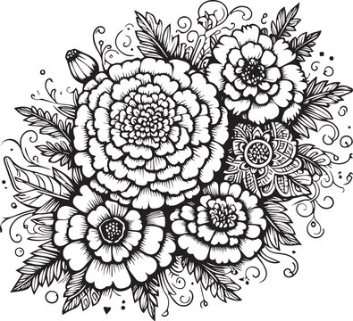 Set of a decorative stylized marigold flower isolated on a white background. Highly detailed vector illustration, doodling and zentangle style, tattoo design blossom marigold detailed vector art