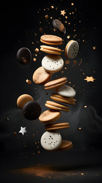 Cristmas cookies flying away on grey background.