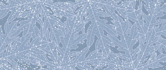 Obraz premium Winter vector botanical background in blue tones with unusual leaves and snow. Cool background for decor, wallpaper, covers, cards and presentations.