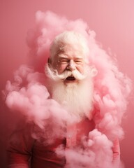 A fiery man adorned in a pink shirt and sporting a distinguished beard and mustache, exudes a sense of boldness and sophistication as he stands amidst a cloud of smoke, his portrait evoking a sense o
