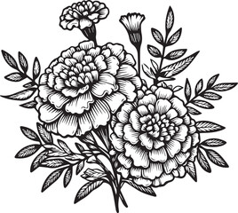 sketch contour bouquet of marigold flowers, Sketch marigold flower drawing, flower cluster drawing, Easy flower coloring pages, flower coloring page for adults, yellow marigold drawing