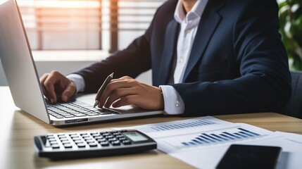 Accountant working on desk using calculator to calculate financial report in office business accounting finance 