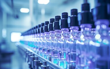 Automated Production Line with Bottles in Motion, Industrial Manufacturing Concept