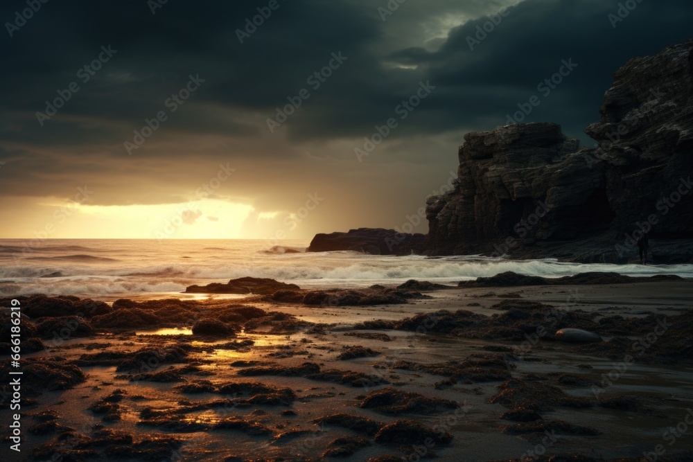 Poster A stunning image of the sun setting over the ocean on a cloudy day. Perfect for capturing the serene beauty of nature. Ideal for travel brochures, website backgrounds, and inspirational content.
