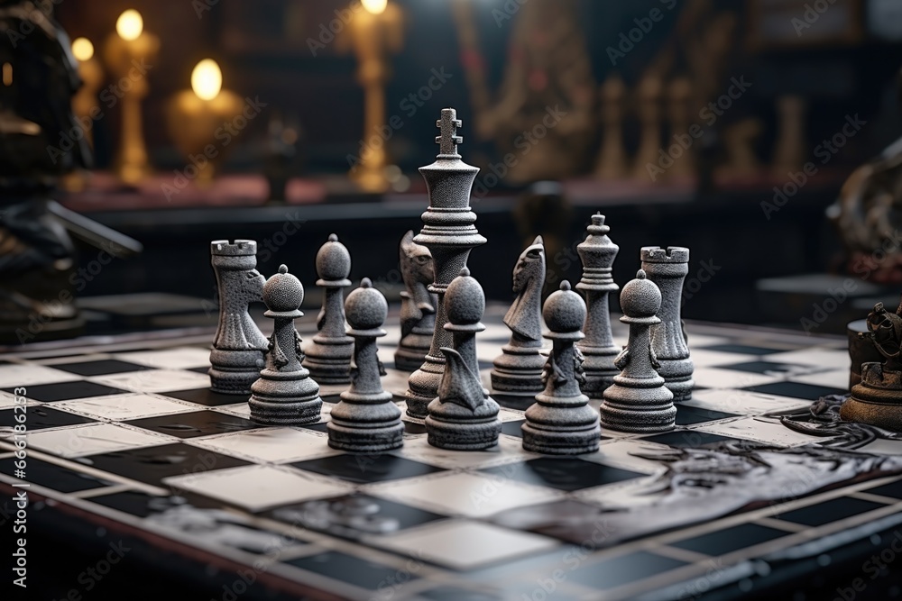 Poster a chess board with chess pieces on it. this image can be used to illustrate strategy, competition, i