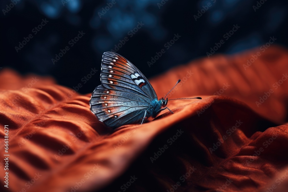 Poster A beautiful butterfly perched delicately on top of a vibrant red cloth. Perfect for adding a touch of nature and color to any design project.