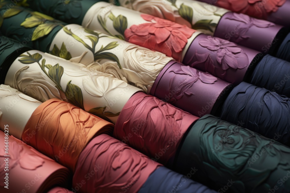 Aufkleber a close-up view of a bunch of rolls of fabric. ideal for textile industry presentations or fashion d