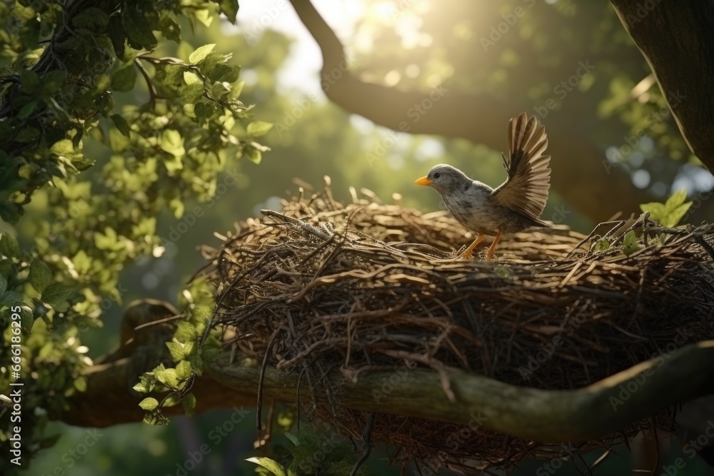 Poster a bird perched on top of a nest in a tree. this image can be used to depict nature, wildlife, parent