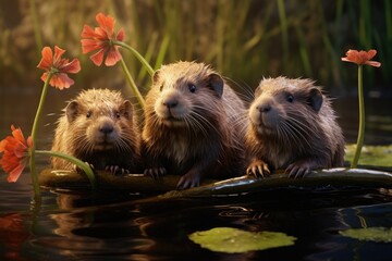 A group of animals sitting on top of a log in the water. This image can be used to depict a peaceful scene in nature or to represent unity and teamwork.