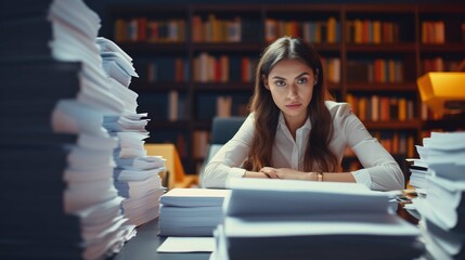 Young female employee working on stacks of papers to search for information and check documents on the desk. 