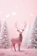 Decorative pink glitter Christmas deer in a fairy forest. AI Generative.