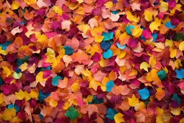 Colorful leaves scattered on the ground, perfect for autumn-themed designs or nature concepts.