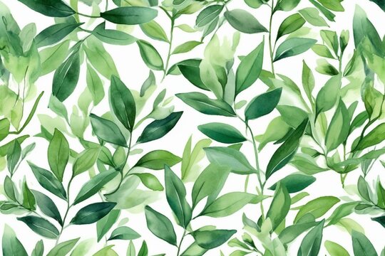 Watercolor pattern of tree leaves on white background. Artistically painted pastel botanical plants. Creative decorative floral green poster. Generative AI