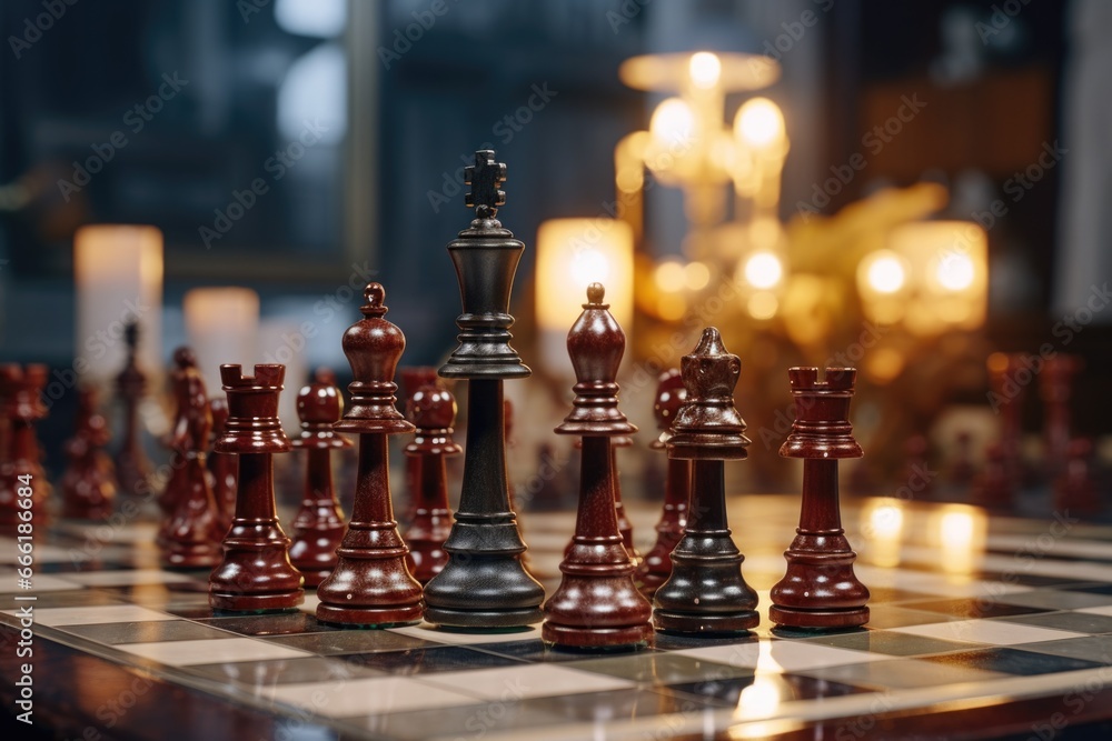 Poster A detailed close up of a chess board with numerous chess pieces. This image can be used to depict strategy, critical thinking, and competition in various contexts.