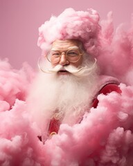 A fiery-haired man adorned with a bushy beard and bold mustache gazes serenely upon a dreamy landscape of cotton candy clouds, evoking a sense of whimsy and enchantment