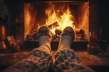 A cozy scene with a person's feet in warm woolen socks resting in front of a crackling fireplace. Perfect for illustrating comfort, relaxation, and warmth in a home or winter setting.