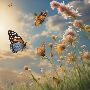 beautiful vivid colors butterflies in with flowers sunshine weather clear cloud background 