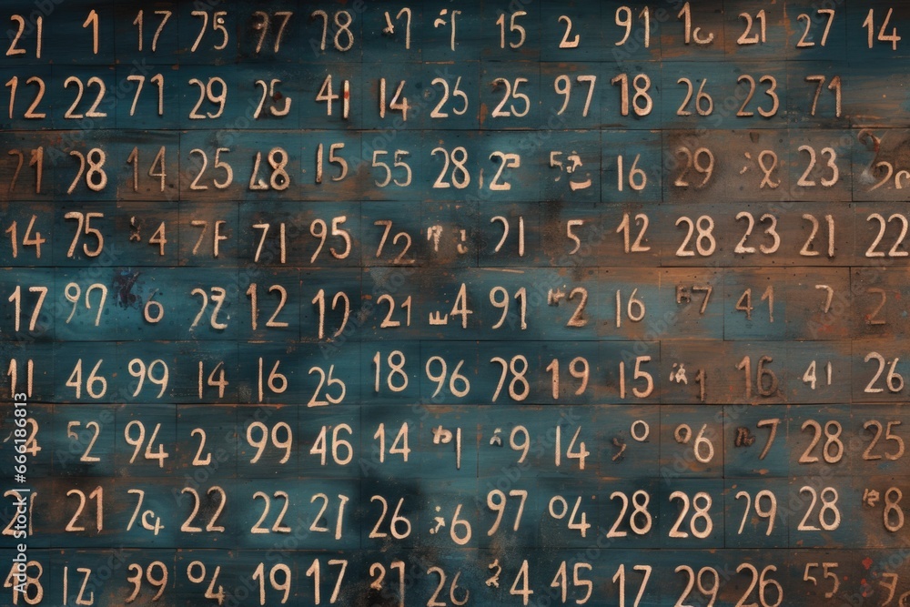 Poster A wall covered with a multitude of numbers. Perfect for showcasing data analysis or mathematical concepts.
