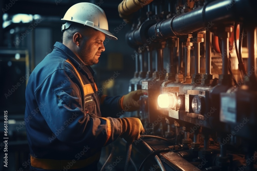 Poster a man wearing a hard hat is operating a machine. this image can be used to depict industrial work or