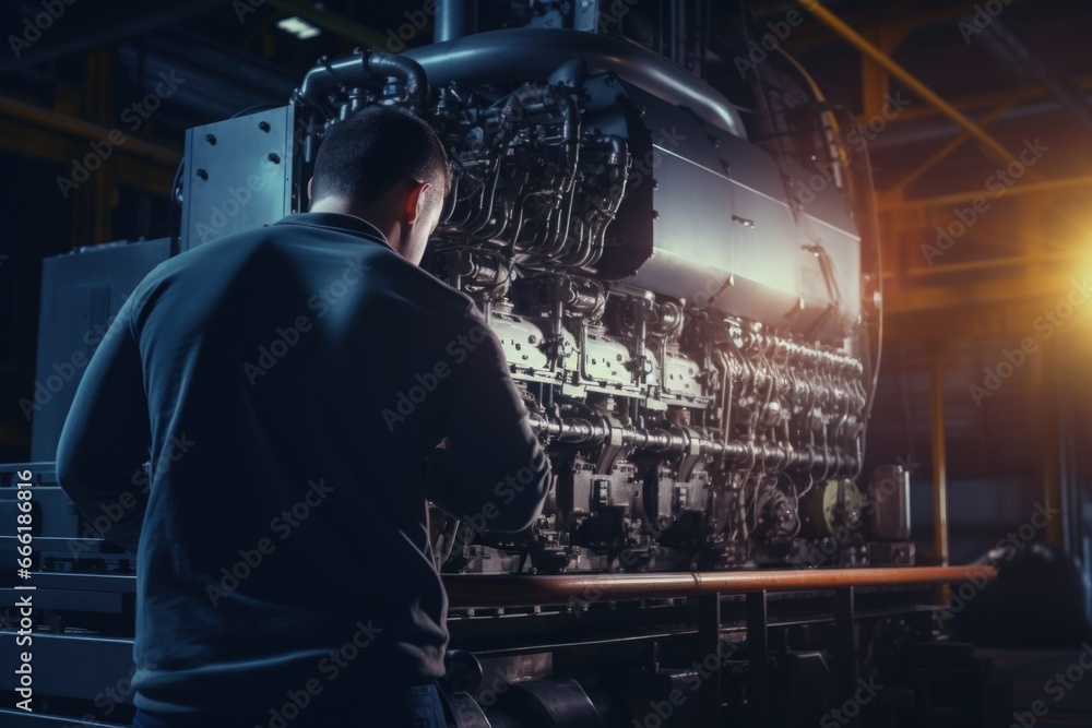 Aufkleber A man is seen working on a machine in a factory. This image can be used to showcase industrial work and manufacturing processes