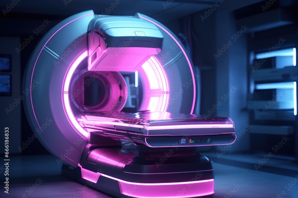Poster an image of a pink mri machine in a dark room. this picture can be used to illustrate medical diagno