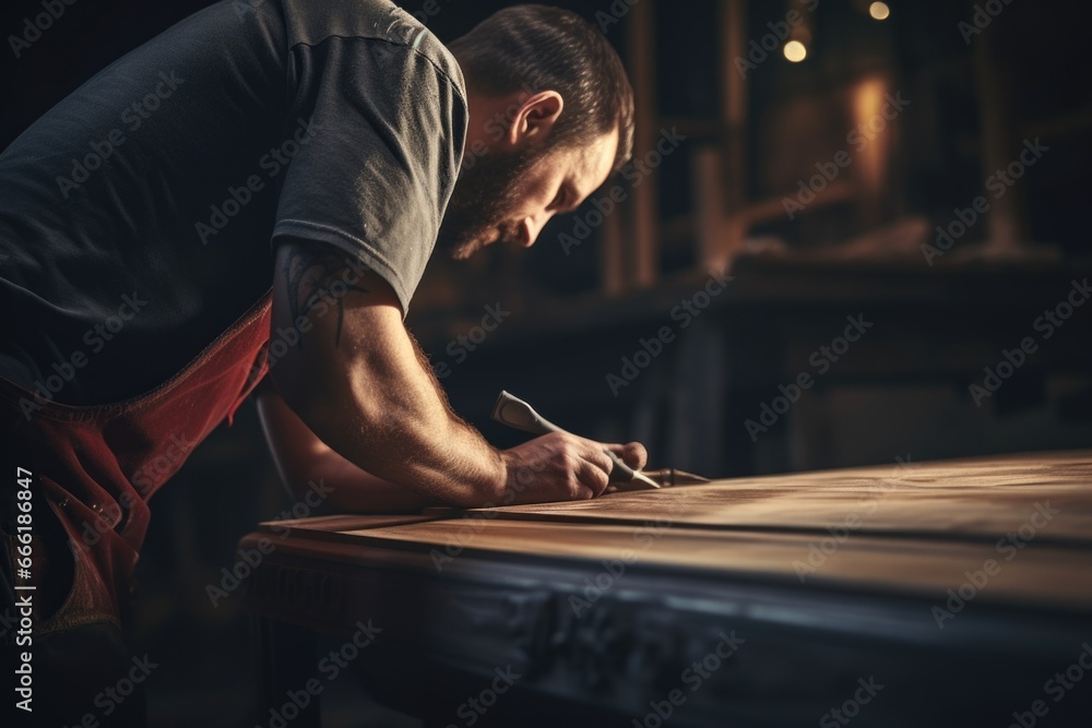 Poster A man is seen working on a wooden table. This versatile image can be used to depict various concepts related to work, productivity, creativity, and craftsmanship