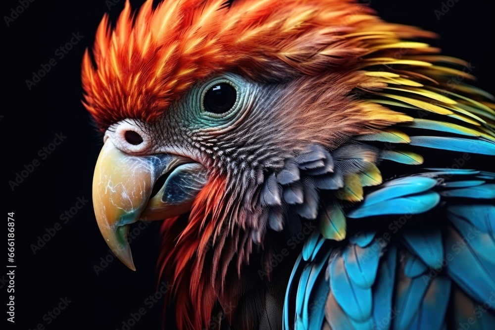 Poster A close up photograph of a vibrant and colorful bird with a black background. This image can be used to add a pop of color and nature to any project