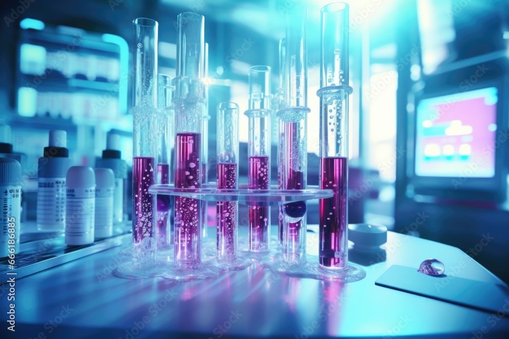 Poster a bunch of test tubes sitting on top of a table. suitable for scientific research and laboratory con