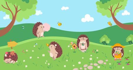 Cartoon hedgehogs on forest meadow. Cute hedgehog eat, gardening, sleep and hold chamomile flowers. Wild animals children vector illustration © MicroOne