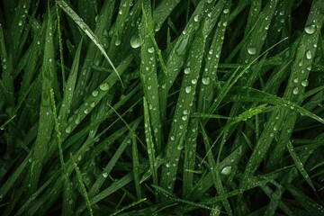 A picture of a bunch of green grass covered in water droplets. This image can be used to represent freshness, nature, or a rainy day