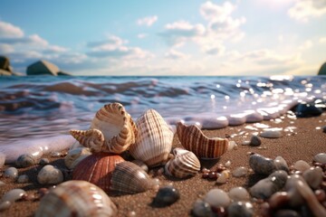 A collection of seashells scattered on a sandy beach near the ocean. Perfect for beach-themed designs and coastal concepts